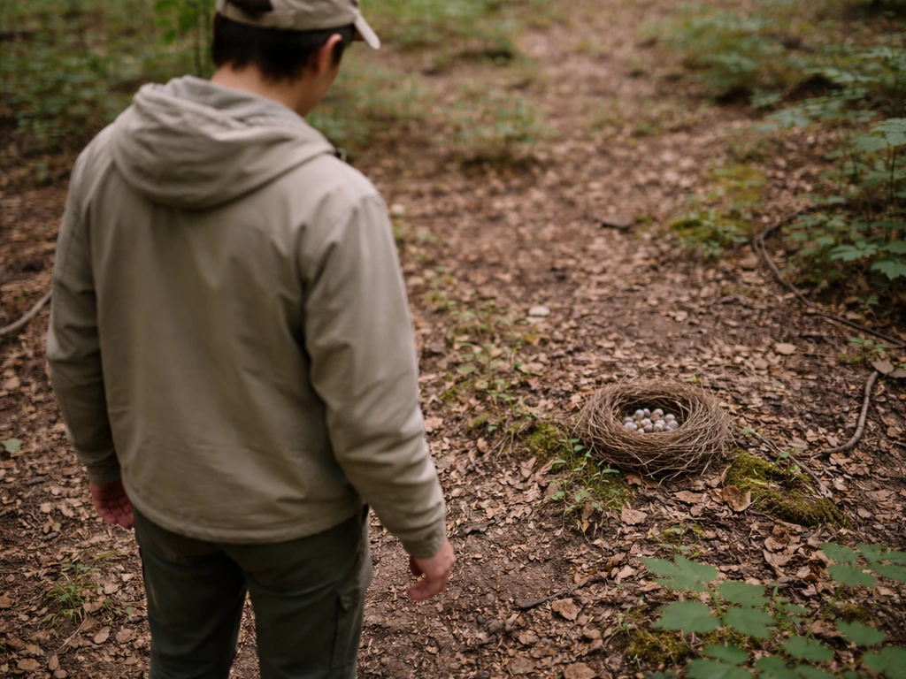 Person steps back from a ground nest in a quiet outdoor setting, not touching the nest.