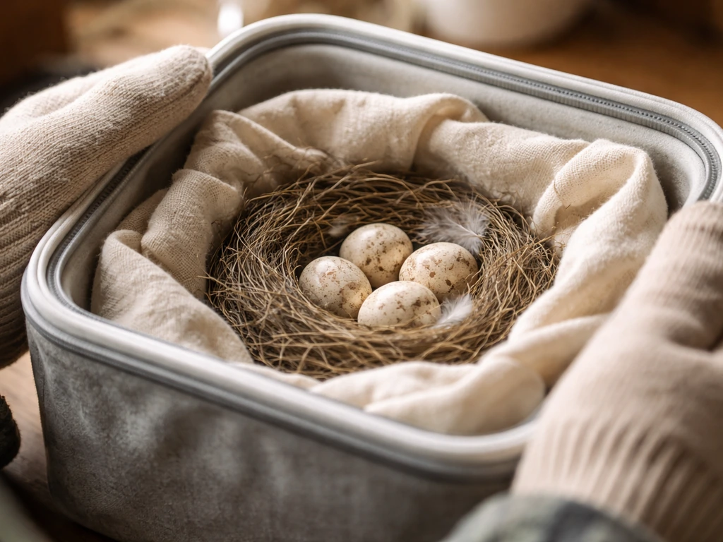 Gloved hands place a nest with eggs in an insulated container using a soft cloth to keep them warm.
