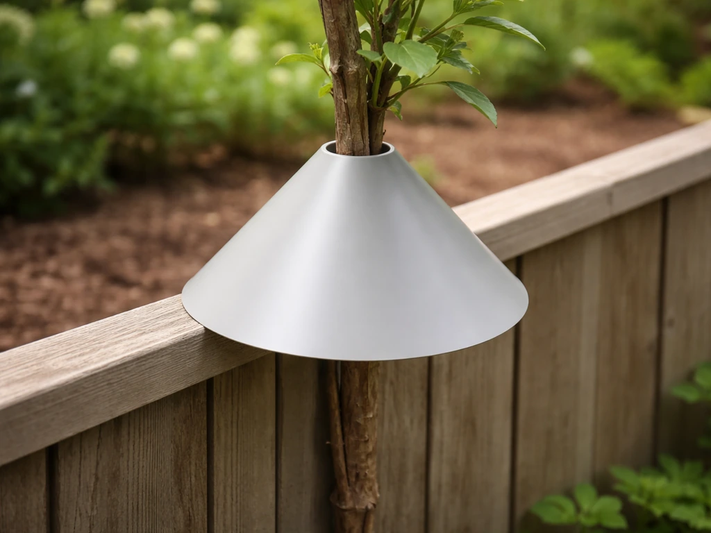 A smooth plastic cone baffle installed on a plant beside a fence to block predators.
