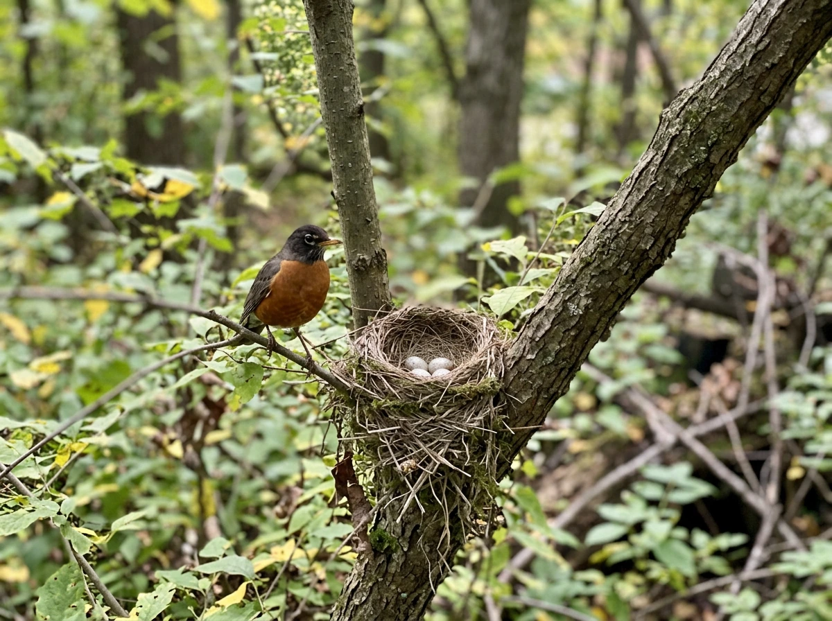 A tree branch nest with a nearby adult bird, representing active nesting and the decision to avoid moving nests.