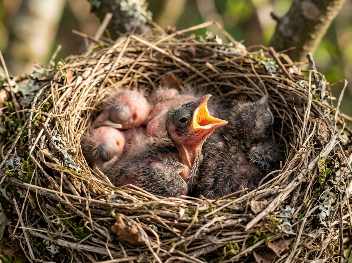 Nest with hatchlings visible, showing the most vulnerable stage of chicks.