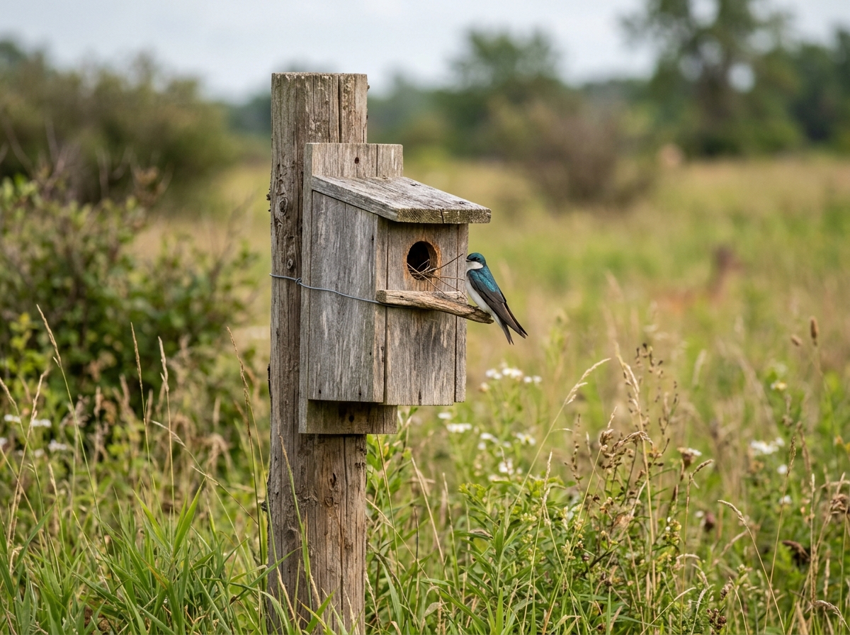 Adult bird perched at an active nest box entrance, showing nesting in progress.