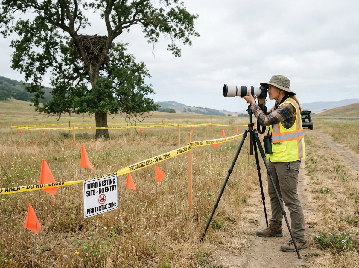 Person keeps distance and marks an exclusion zone instead of touching the nest.