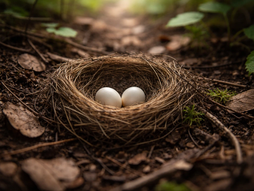 Ground-level view of a bird nest in foliage with eggs visible, undisturbed and no people present.