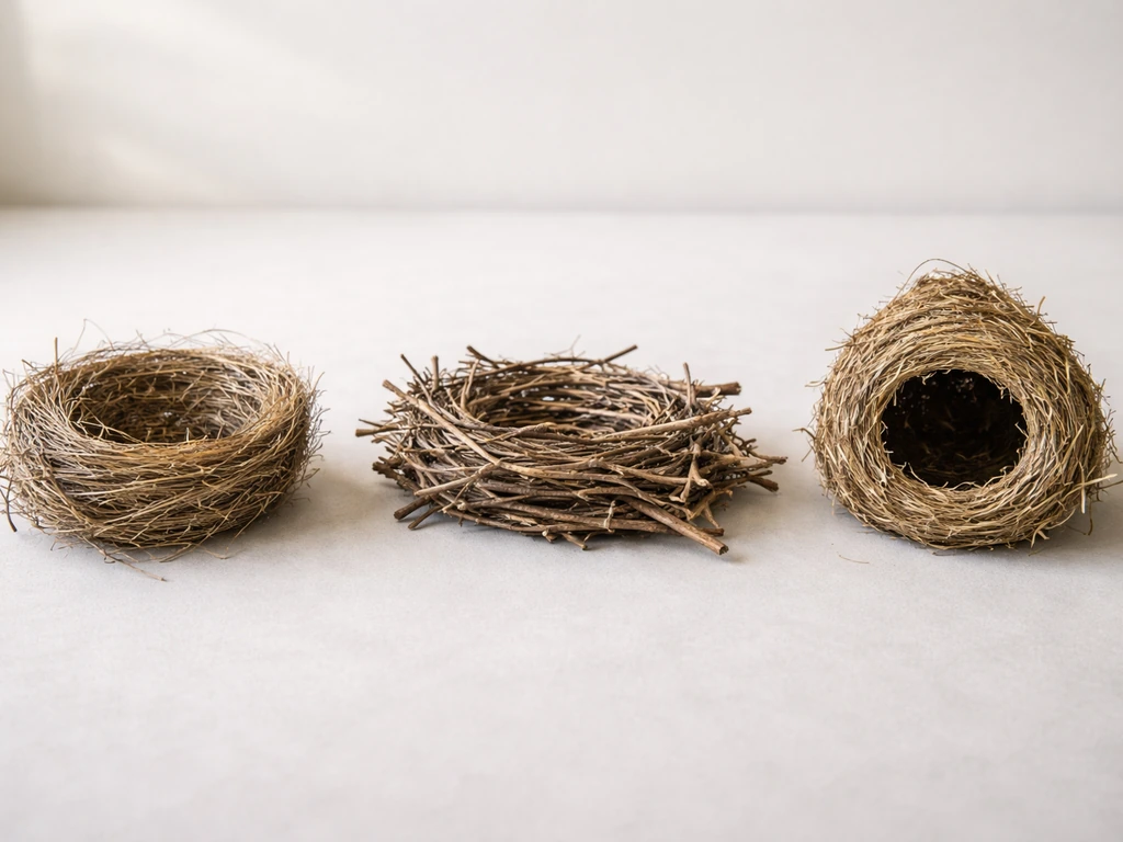 Three different bird nests (cup, platform, cavity) laid out side by side on a neutral tabletop.