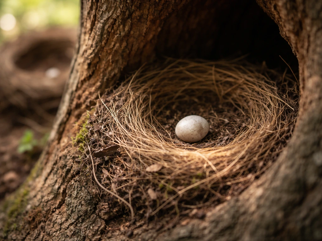 Close-up of an egg in a small bird nest with soft natural light, showing subtle signs of abandonment vs warmth.