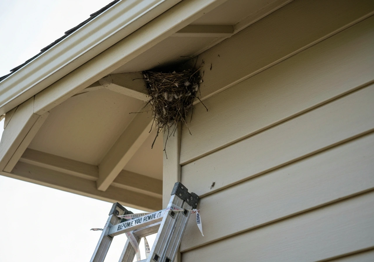 Closeup of a bird nest under a roof eave with a secured ladder and blocked area in the foreground.