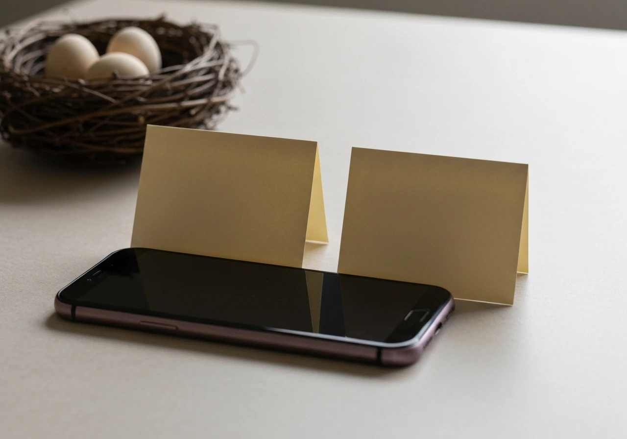Close-up of two small note cards beside a smartphone on a desk, suggesting a quick decision checklist.