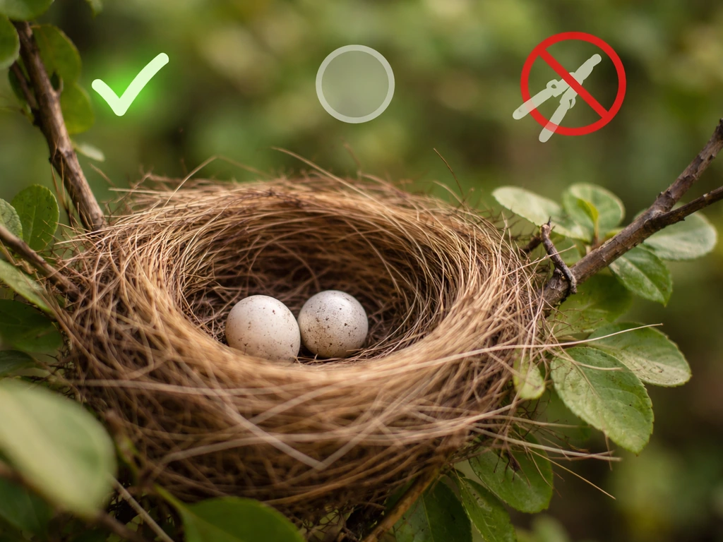 Close-up of a bird nest with eggs in greenery, shown as protected with simple nonverbal prohibition cues.