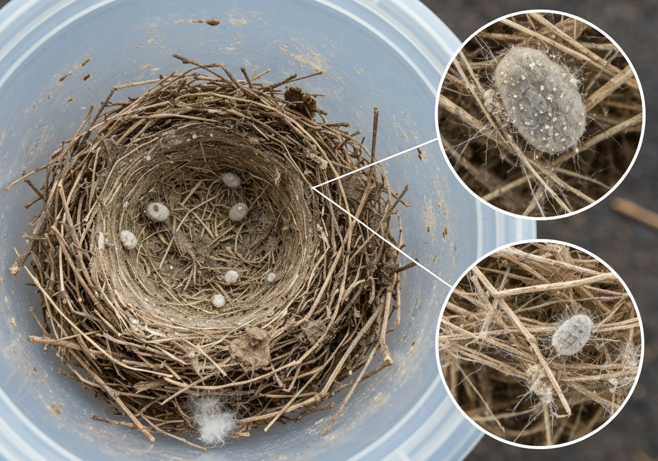Close-up of old bird nest debris in a container with subtle macro inserts showing tiny parasite-like specks.