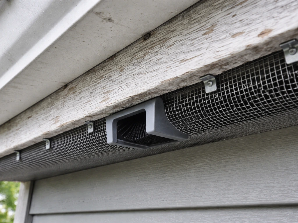 Close-up of a tidy one-way bird exclusion mesh barrier at an eave, with no birds visible.