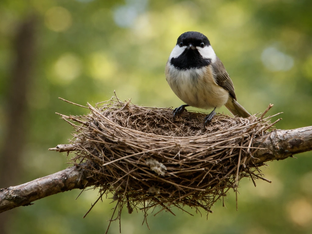 Small bird perched near an intact old twig nest on a branch