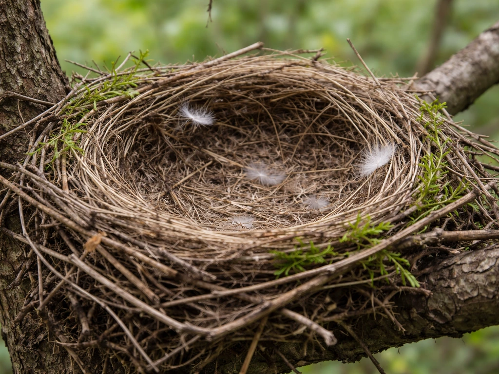 Close-up of a weathered bird nest with fresh twigs and disturbed interior suggesting active use.