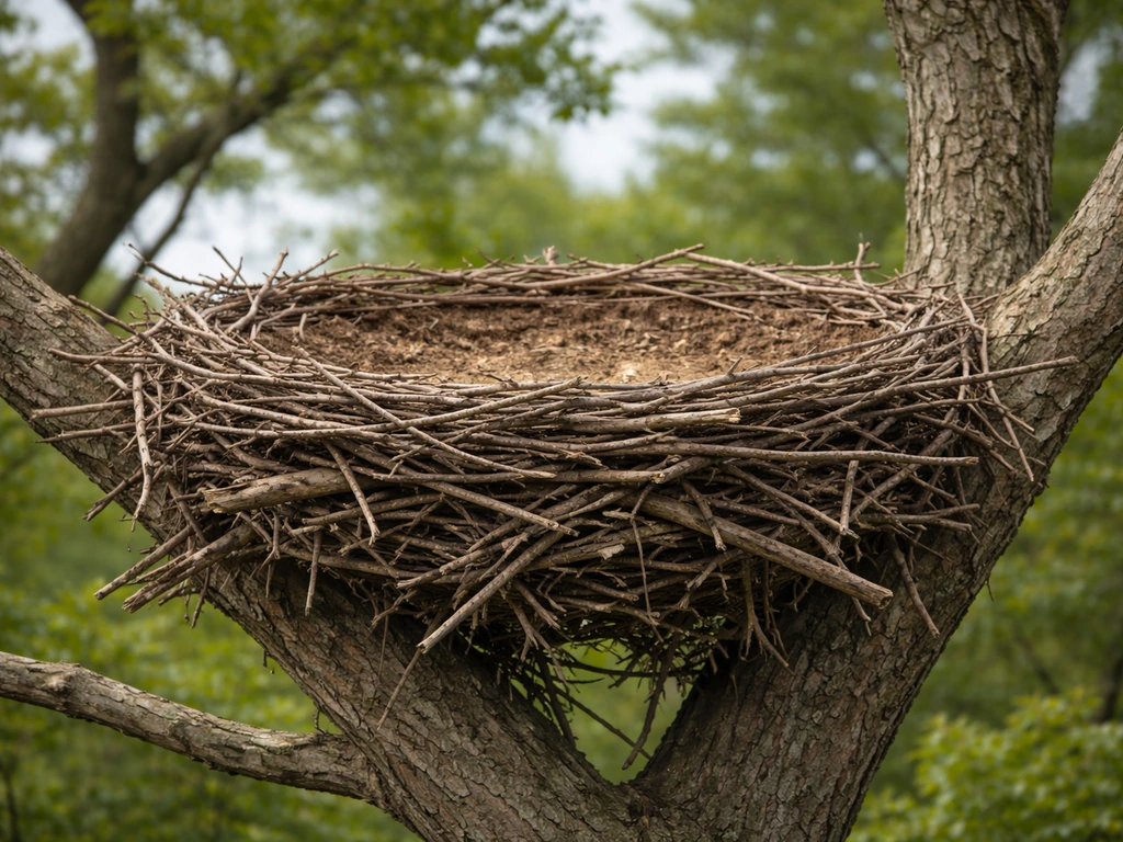 Raptor platform nest of large twigs on a tall tree limb, showing long-term stick structure.
