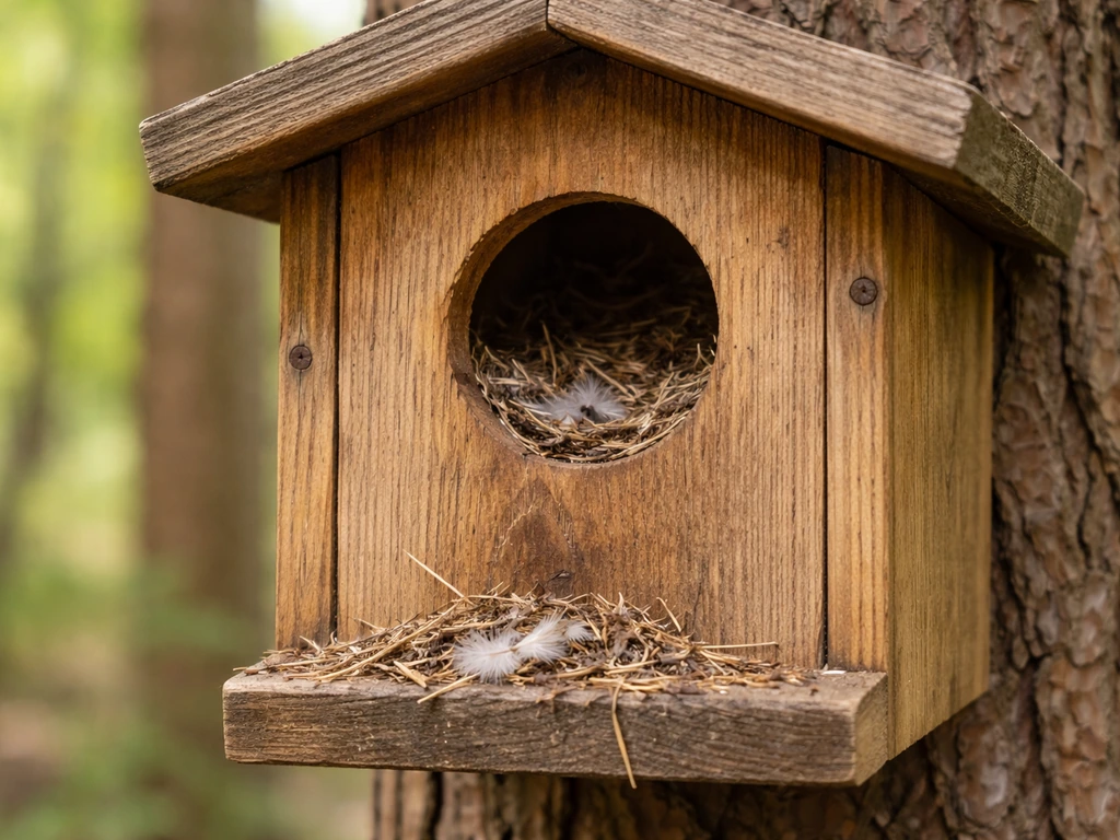 A small birdhouse opening with feathers and twigs, showing cavity nesting material being cleared and buried.
