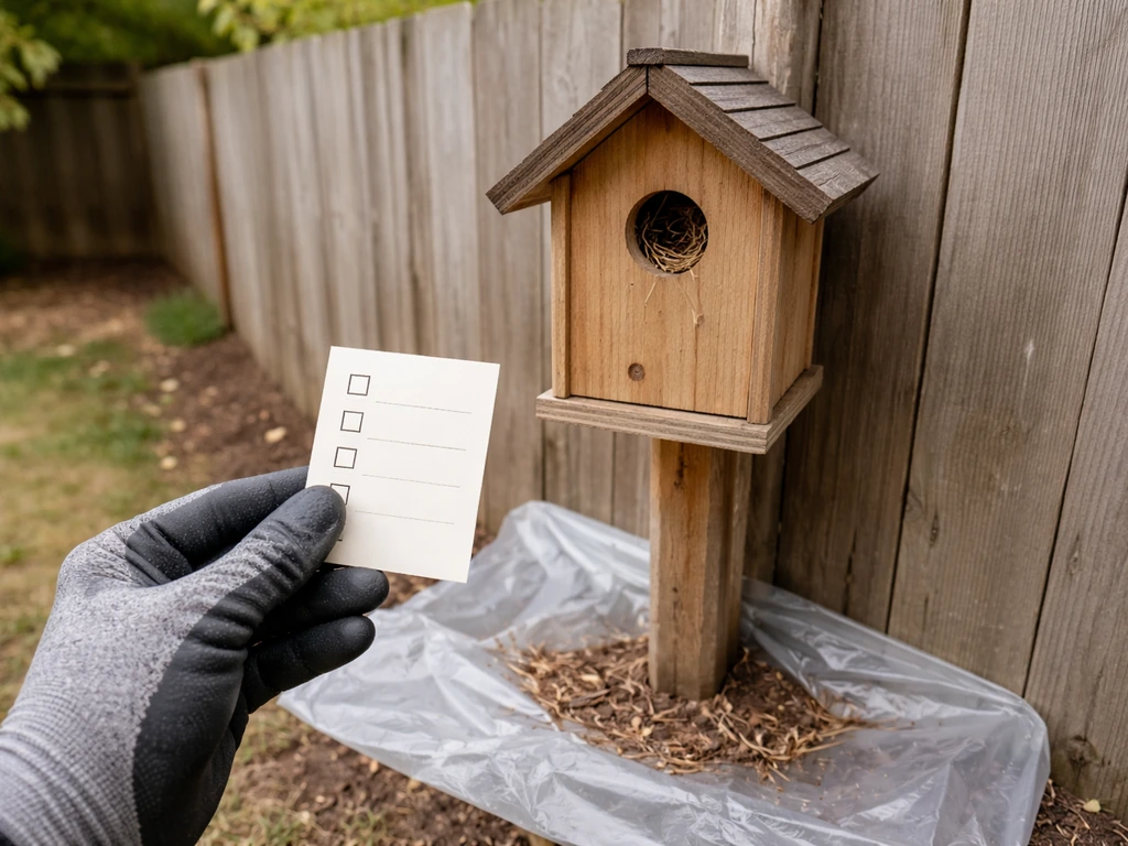Gloved hand inspecting a backyard birdhouse with a protective ground barrier, checklist in hand.