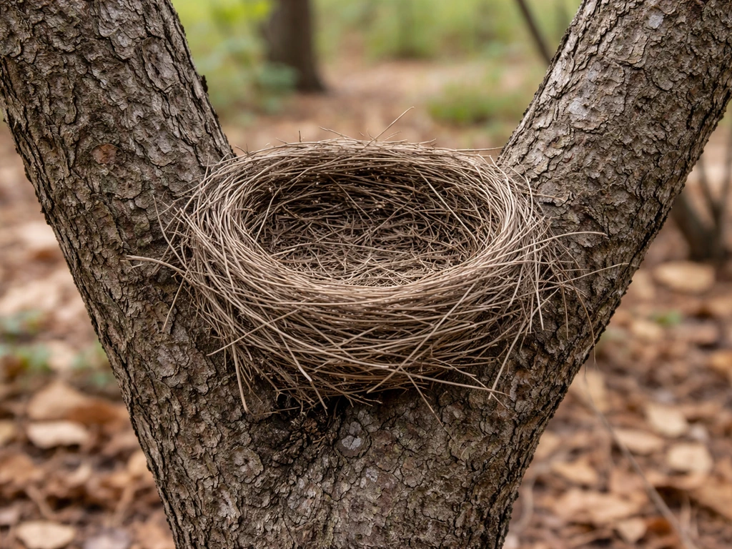 Weathered, empty bird nest in a tree branch in a quiet woodland, no birds present