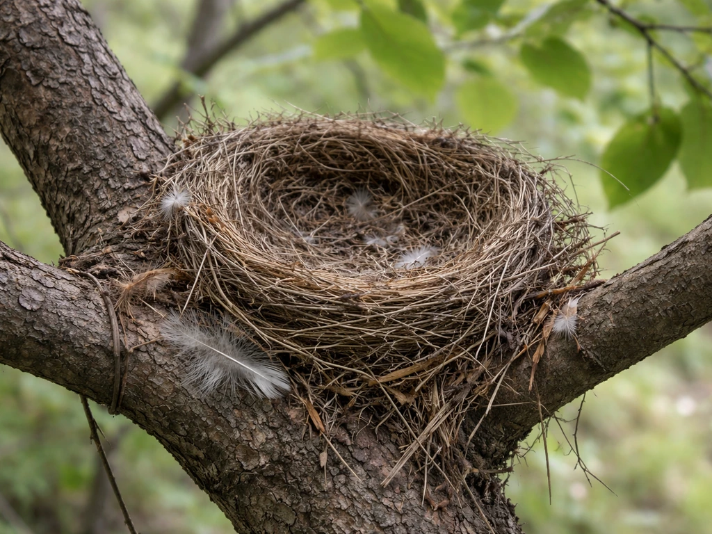 Inactive bird nest on a low branch, with no eggs or chicks and a few scattered dry feathers nearby.