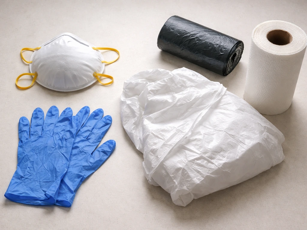Overhead view of PPE laid out: N95 respirator, nitrile gloves, and protective clothing beside disposal supplies.