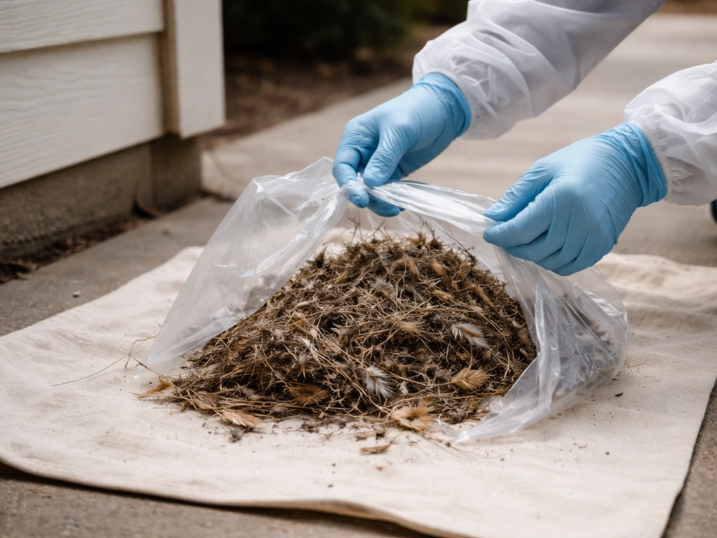 Gloved hands placing nest debris into a sealed bag liner for safe containment and disposal.