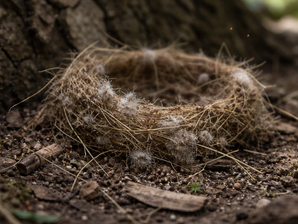 Close-up of an old bird nest with tiny mites/insects on nearby fibers in natural outdoor light.