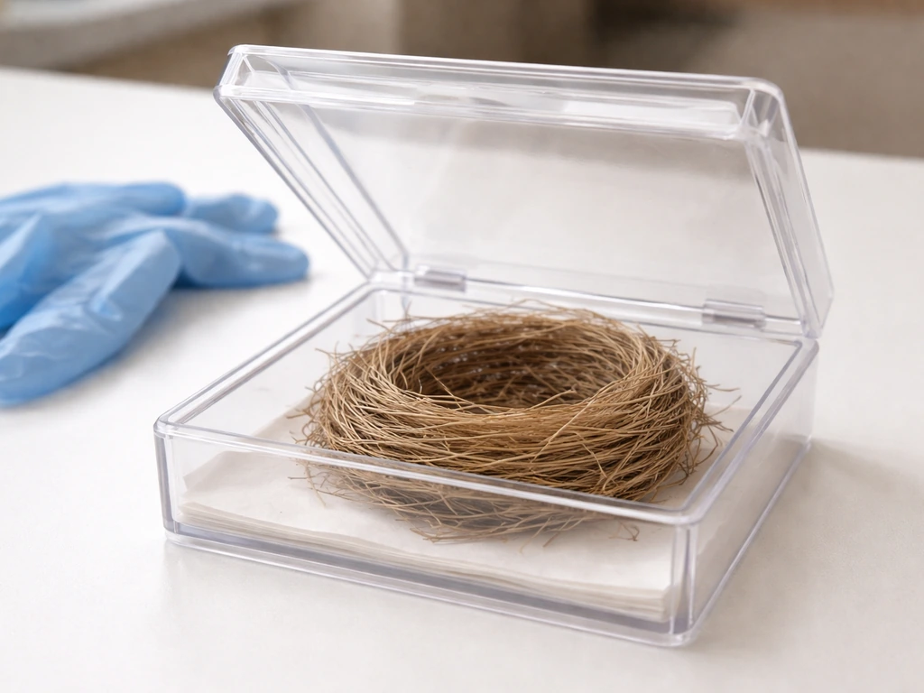 Open specimen case with an empty air-dried nest inside, ready for hygienic preservation.