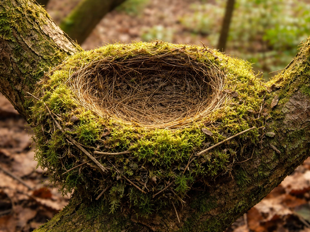 Close-up of a bird nest made with green moss in a natural woodland setting