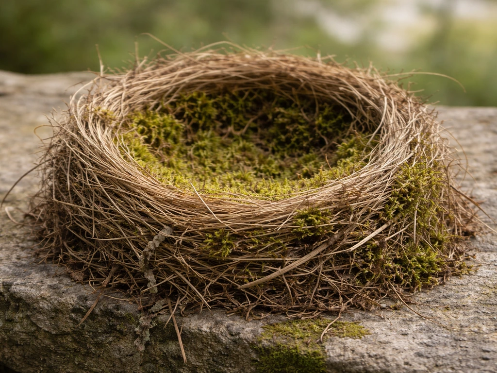 Eastern Phoebe open-cup nest lined with moss on a natural ledge, close-up detail.