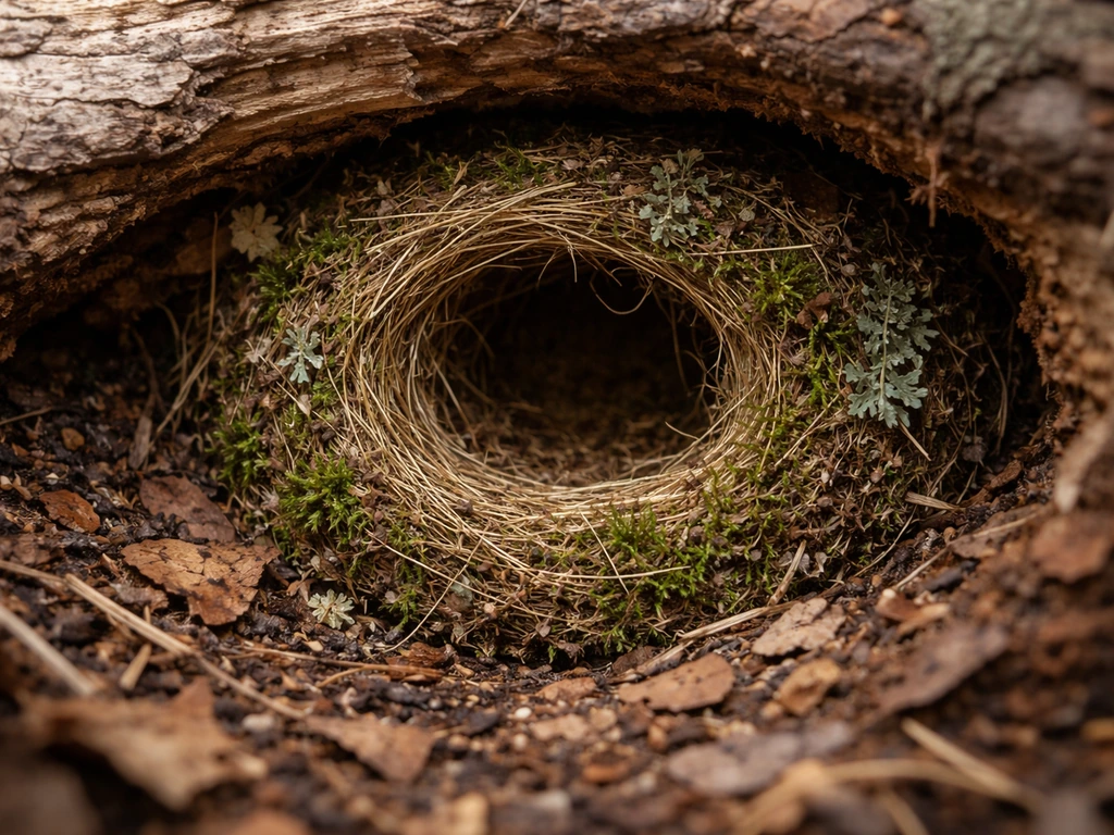 A hidden winter wren nest in a log cavity with moss, lichens, grass, and leaves filling the round opening.