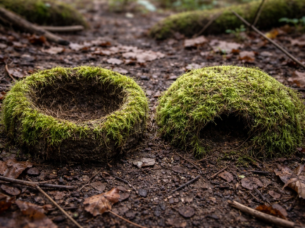 Side-by-side close-up of an open-cup moss nest with a mud base and a domed, moss-covered nest hidden in leaf litter.