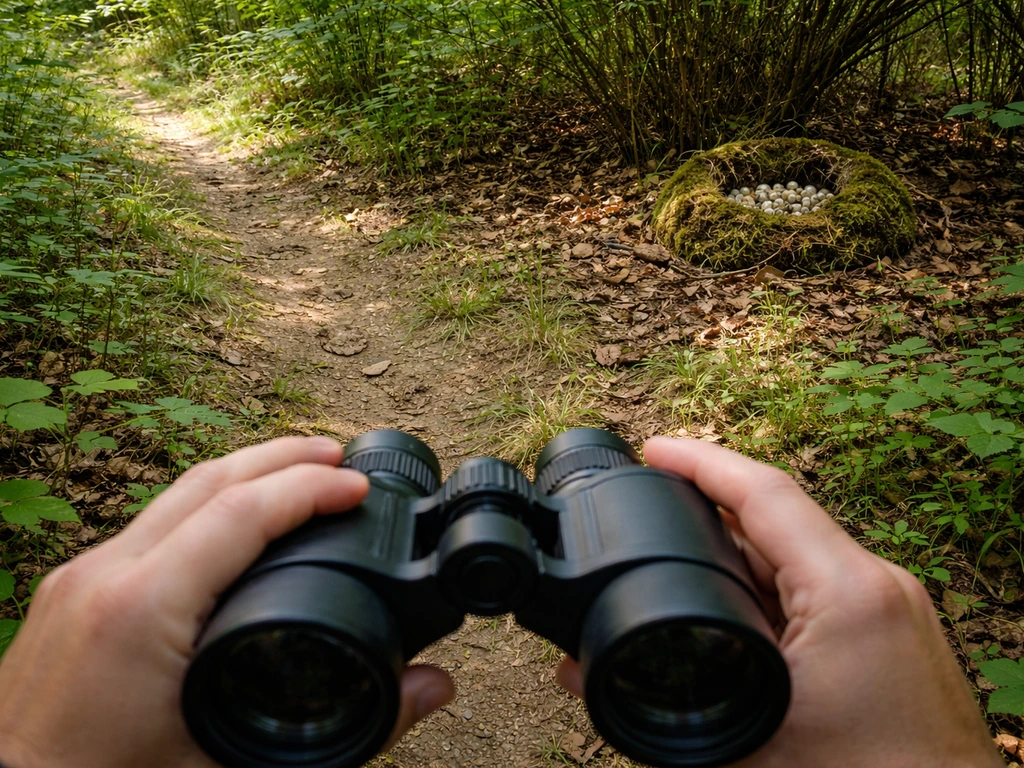 Binoculars from a distance in a forest, showing a moss nest without approaching or touching it.