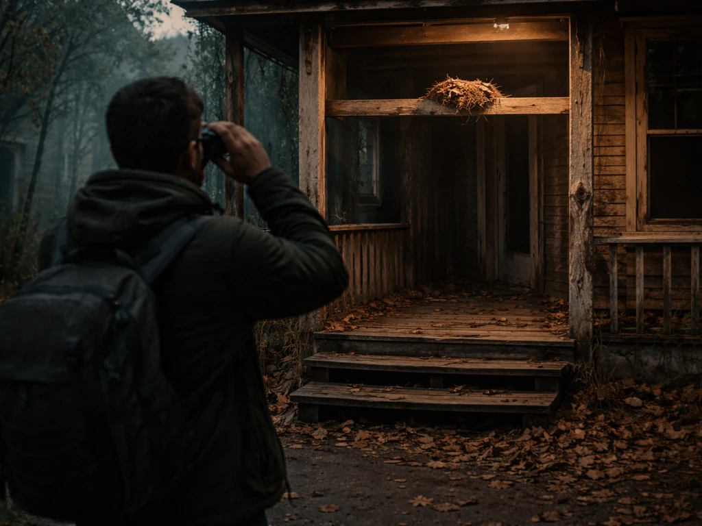 Anonymous homeowner using binoculars to observe an undisturbed bird nest on a porch at dusk.