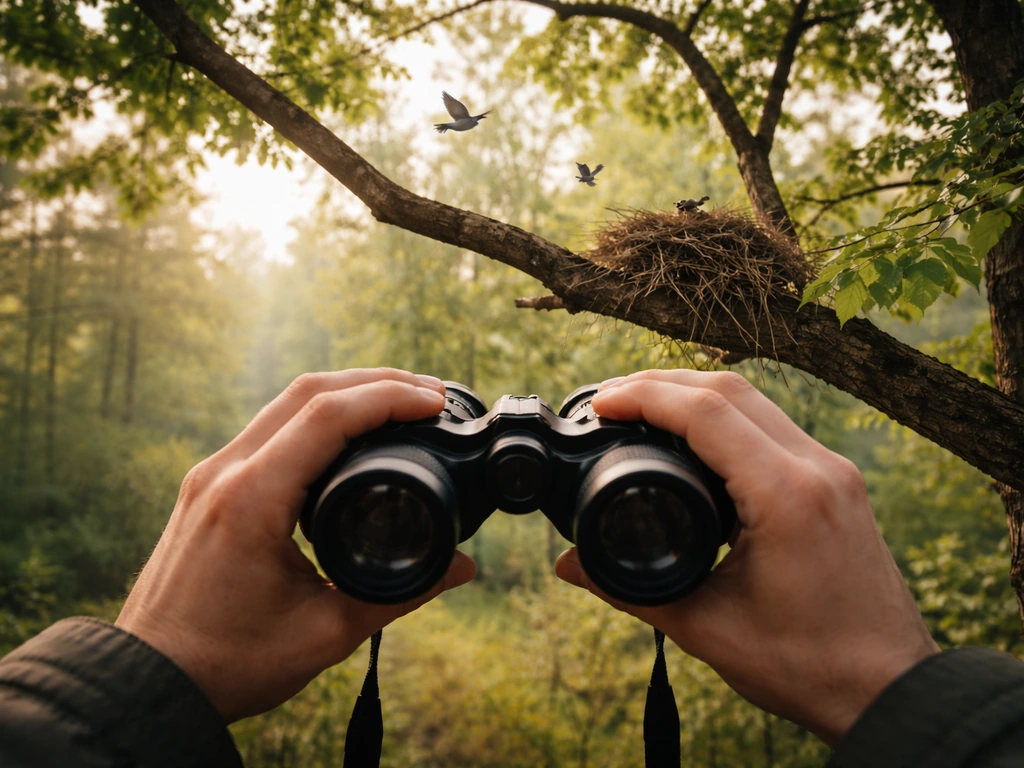 Hands holding binoculars watching a bird nest as adult birds fly in and out.