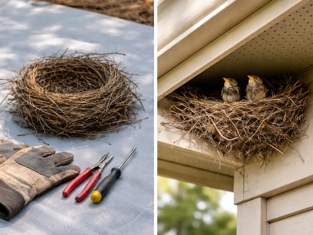 Left shows empty nest with gloves and tools; right shows occupied nest under a building eave.