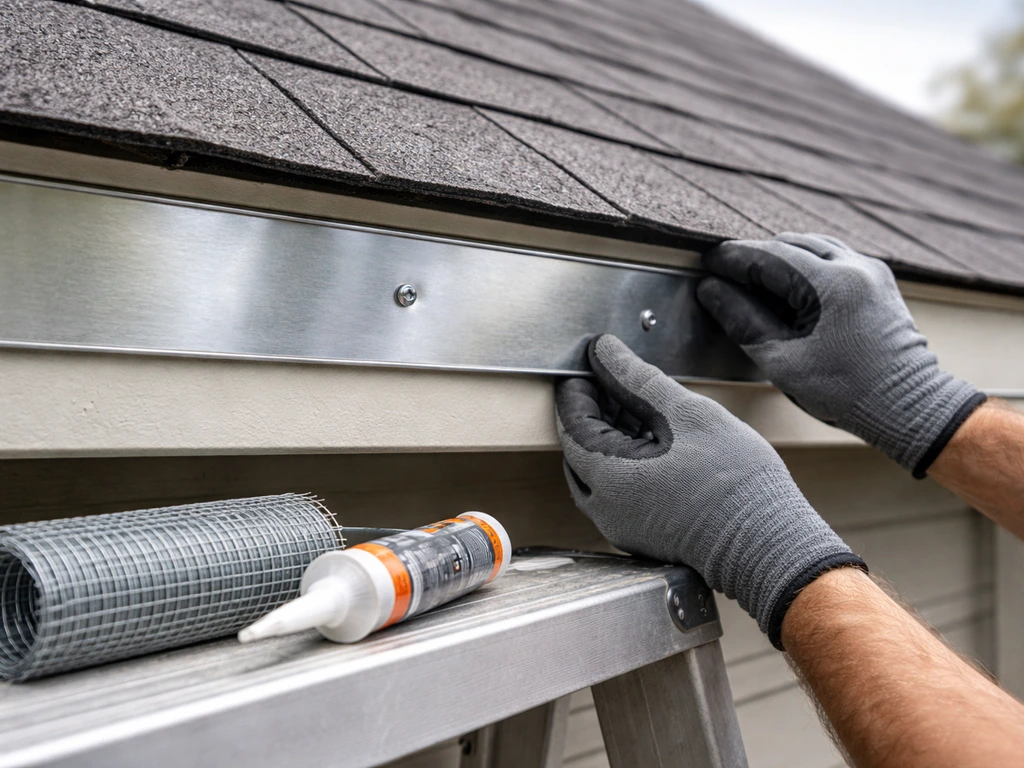Close-up of metal flashing being installed over a roofline gap to block bird nesting