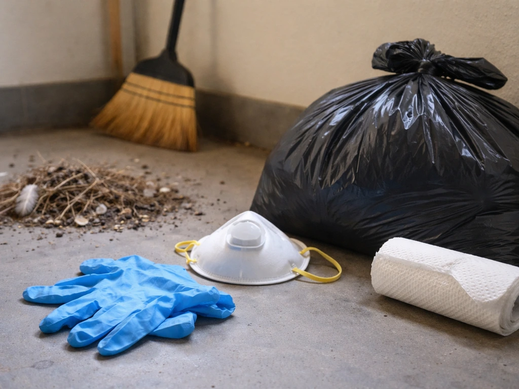 Gloved hands and a respirator next to bird droppings and nest debris on a simple floor for safe cleanup.