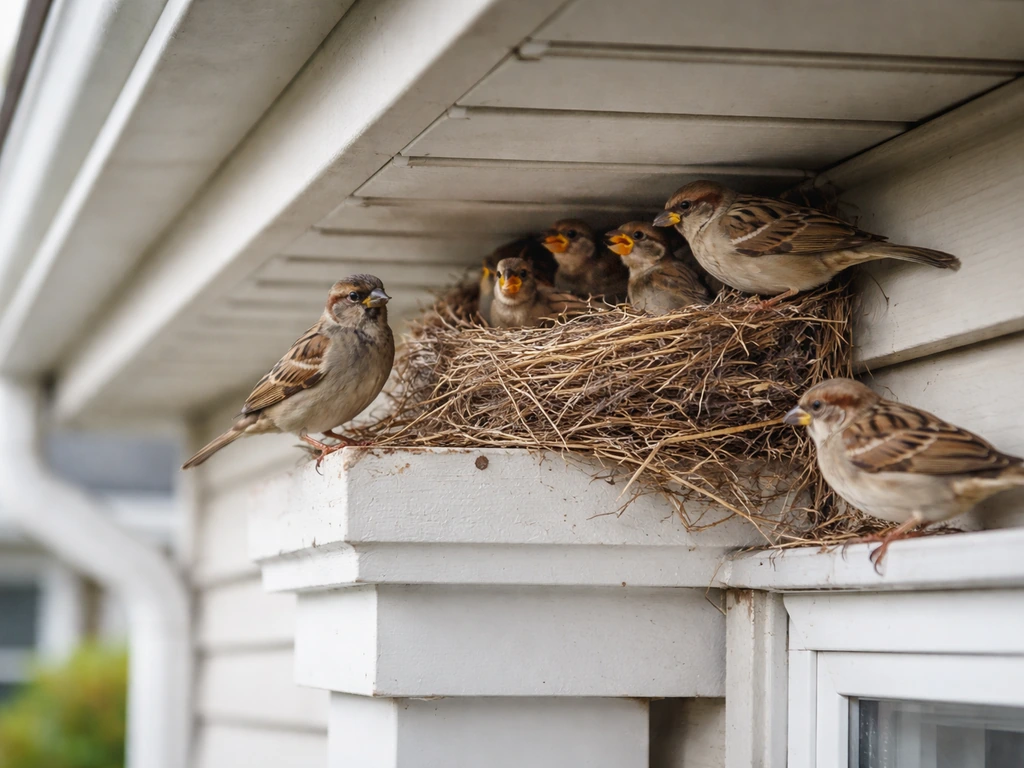 Sparrows perched near an active nest under a home eave in natural daylight
