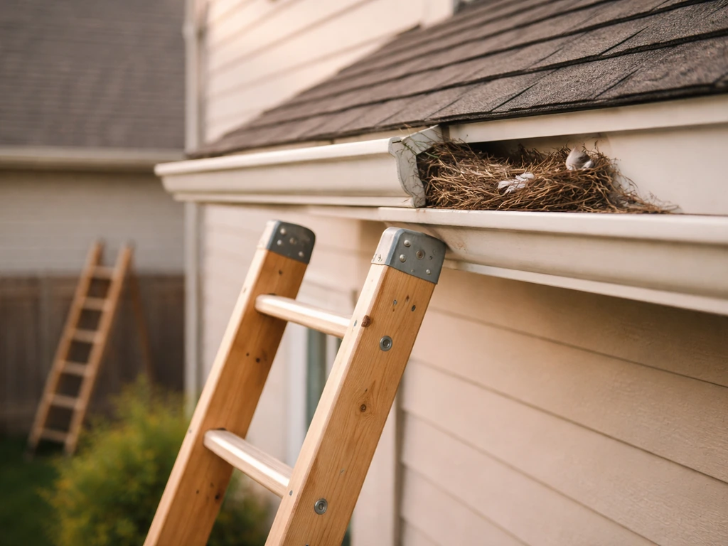 Ladder beside a home’s gutter with a small active bird nest tucked under the eave.