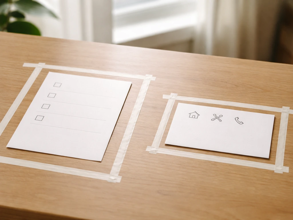 Homeowner decision moment: a small desk with a simple checklist and separate call-professional card in a calm room