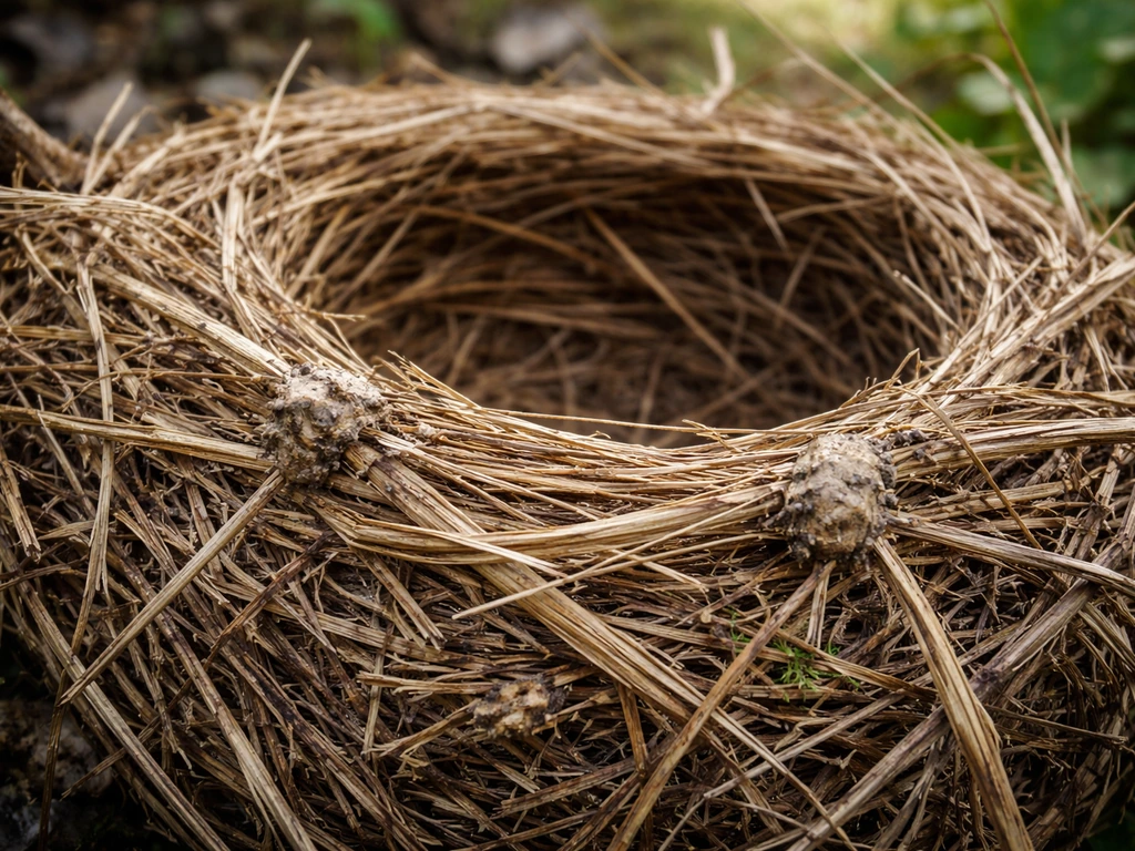 Close-up of a bird nest weave with grass fibers and mud binding points holding the structure together