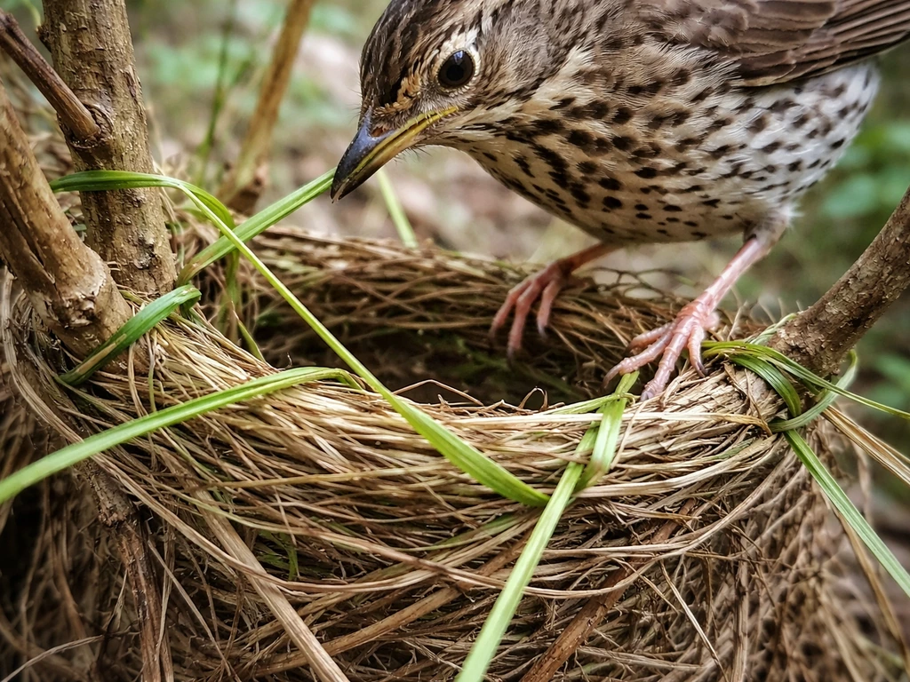 Song thrush actively weaves grass into a cup nest, with strands visibly tensioned and inter-knotting.