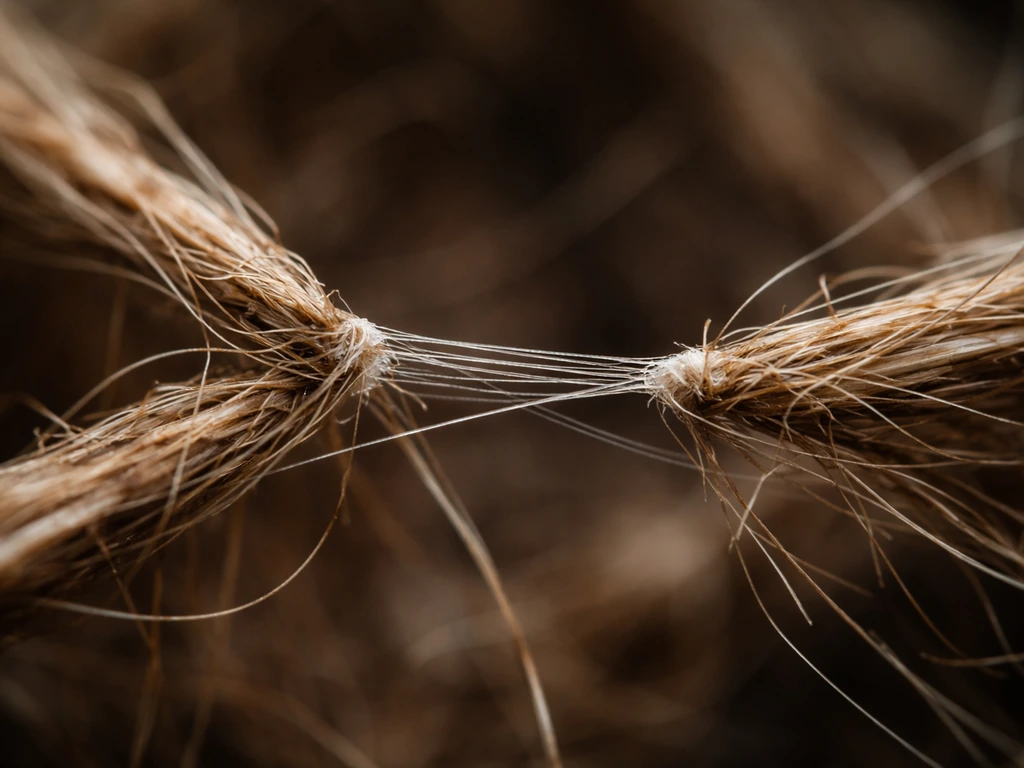 Macro closeup of spider silk wrapping and binding two nest strands together.