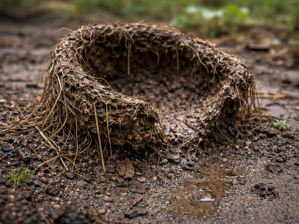 Close-up of a mud-and-straw nest partially slumped and soggy after heavy rain.