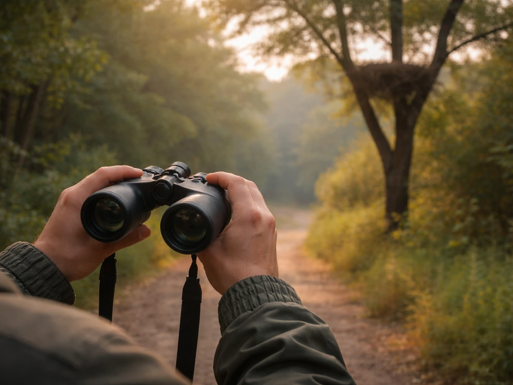 Person using binoculars from a safe distance while an out-of-focus bird nest is visible in the background tree.