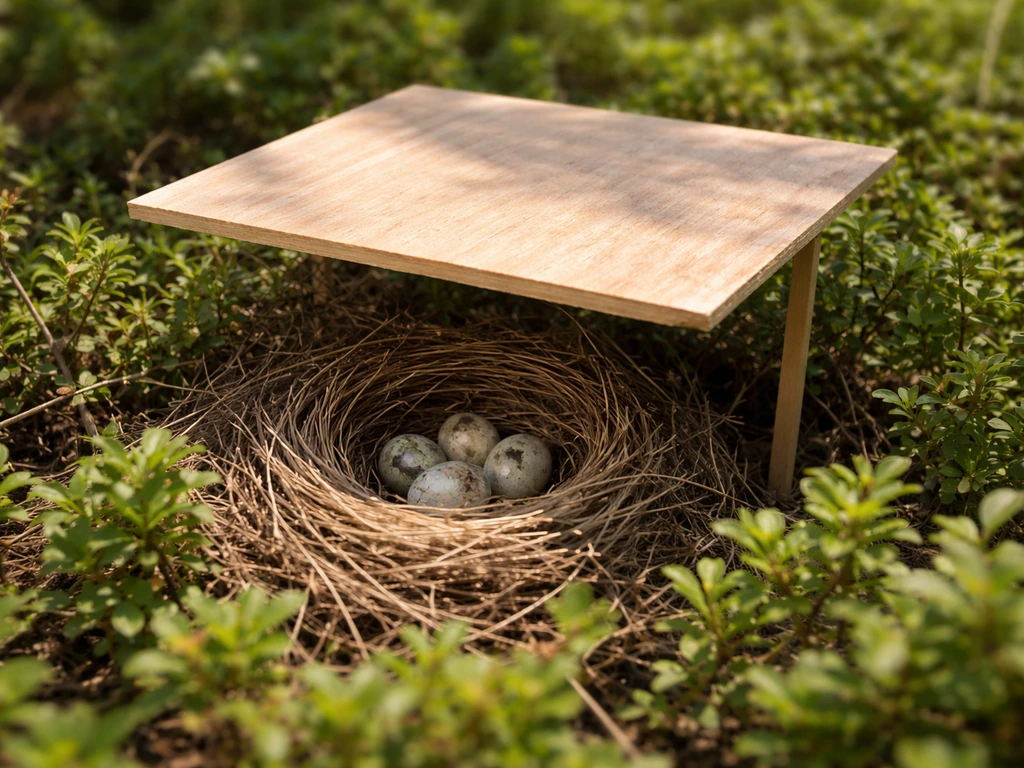 Close overhead view of a small angled plywood board mounted on a stake above a bird nest