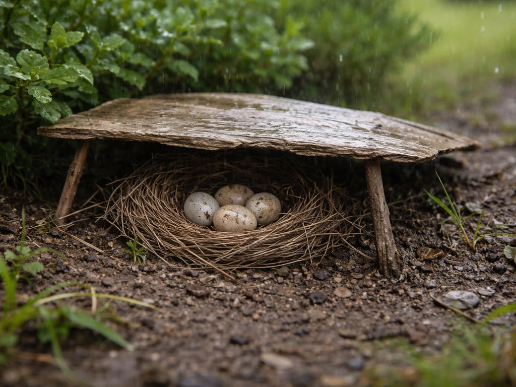 Ground nest on soil protected by a small overhead canopy that lets water drain away.