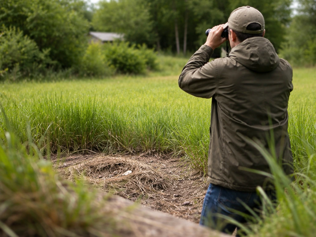 Person observing a ground nest from a distance with binoculars in a quiet grassy yard.
