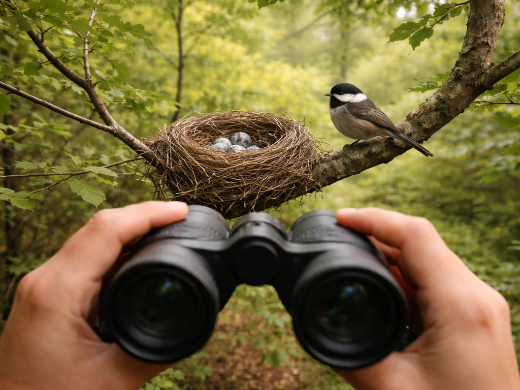 Binoculars from a trail looking at a small bird nest in a low tree as a parent bird stays nearby.