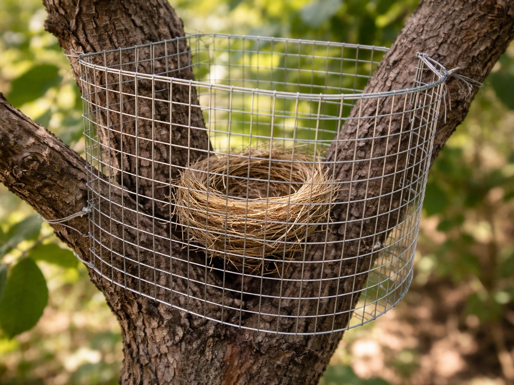 Hardware cloth cage fitted around a branch, blocking larger birds while protecting an open-cup nest.