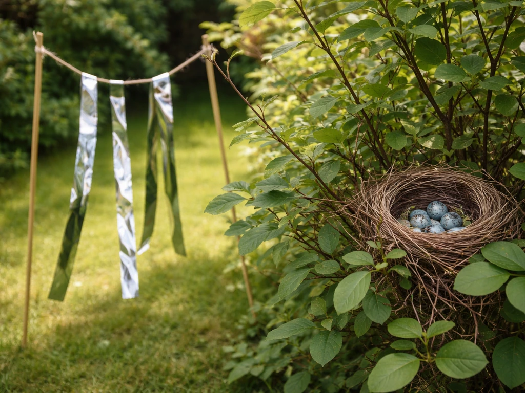 Reflective Mylar strips strung on a stake near a bird nest, showing deterrent placement and rotation need.